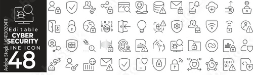 Cybersecurity set of web icons in line style. Collection includes technology, network, hacker, firewall, encryption, privacy, fingerprint, password, protection, attack, lock and more.