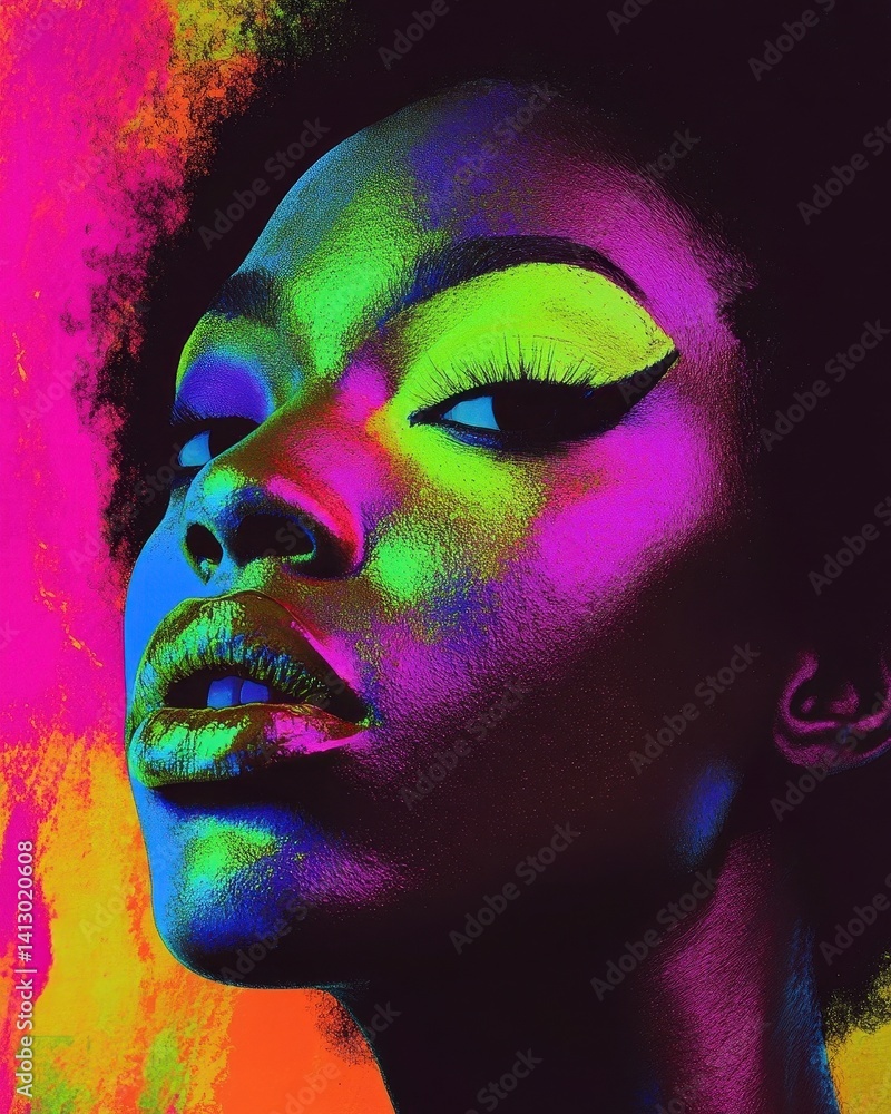 Vibrant Pop Art Portrait African American Woman with Neon Makeup and Bold Fashion Statement