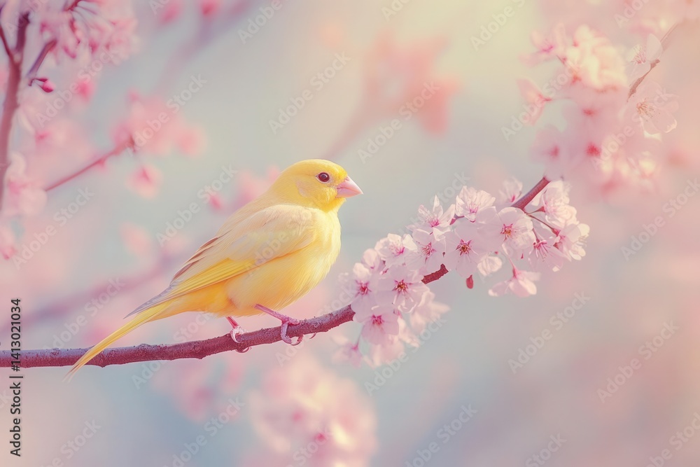 Vibrant Yellow Canary Perched on Cherry Blossom Branch Against Soft Bokeh Background Perfect for Nature and Wildlife Photography