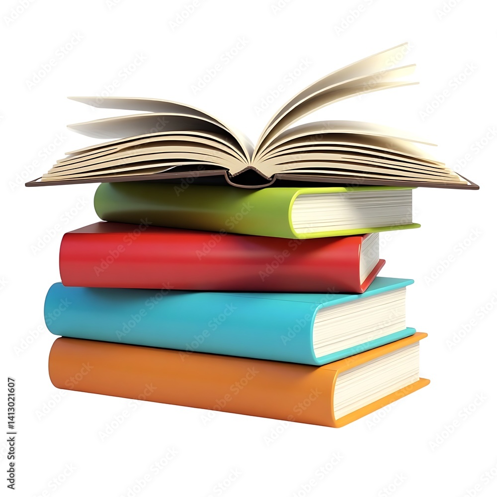 Open book on colorful book stack white background knowledge Open book on colorful book stack white background knowledge