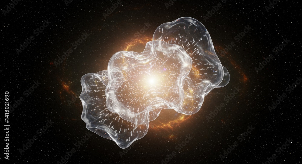 Fototapeta premium Quantum Fusion Organism in Space-Time Fluctuations - AI-generated depicting a translucent organism, its body shimmering with algorithms, evolving in sync with space-time. Symbolizes AI, evolution