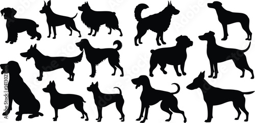 Silhouettes of Various Dog Breeds in Standing and Sitting Poses – Vector Set