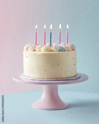 Obraz na płótnie Whimsical First Birthday Celebration Cake with Pastel Rainbow Colors and Modern Minimalist Design on Dreamy Background w salonie