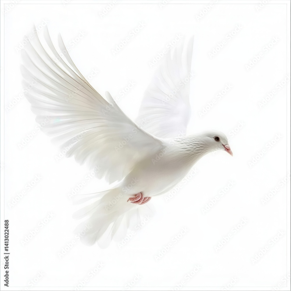 White Dove Flying Against Clear Sky Symbolizing Freedom and Peace Isolated on Pure White Background