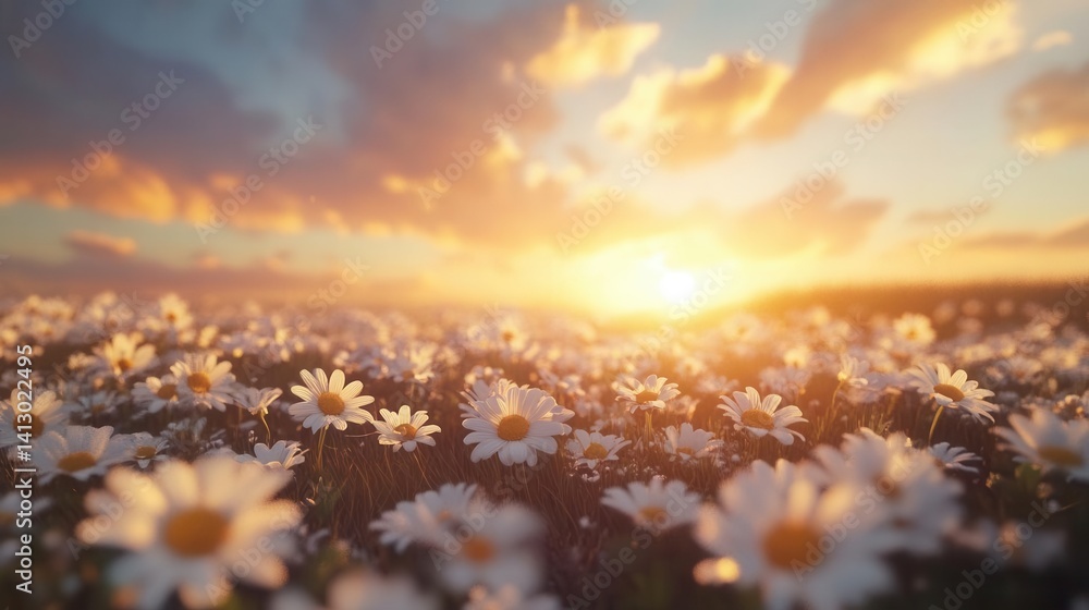 White Daisy Field at Golden Hour with Blurred Meadow and Warm Sunset Glow