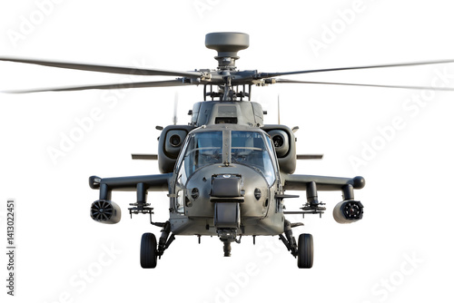 Powerful Military Helicopter with Visible Weaponry and Targeting Systems Frontal Shot.