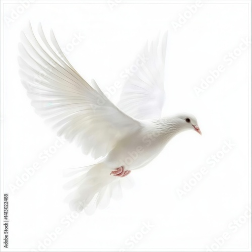 Obraz na płótnie White Dove Flying Against Clear Sky Symbolizing Freedom and Peace Isolated on Pure White Background w salonie