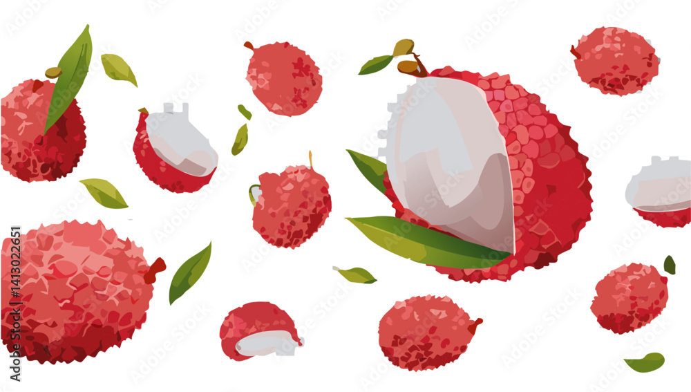 set of fresh litchi falling vector design