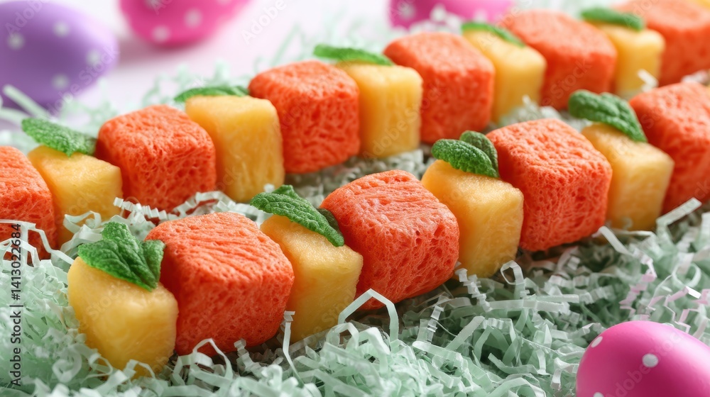 Fruit kabobs shaped like carrots with orange fruit cubes and green mint tops, laid across a bed of green shredded Easter grass on a white tray., copyspace for text - celebration Fruit kabobs shaped like carrots with orange fruit cubes and green mint tops, laid across a bed of green shredded Easter grass on a white tray., copyspace for text - celebration