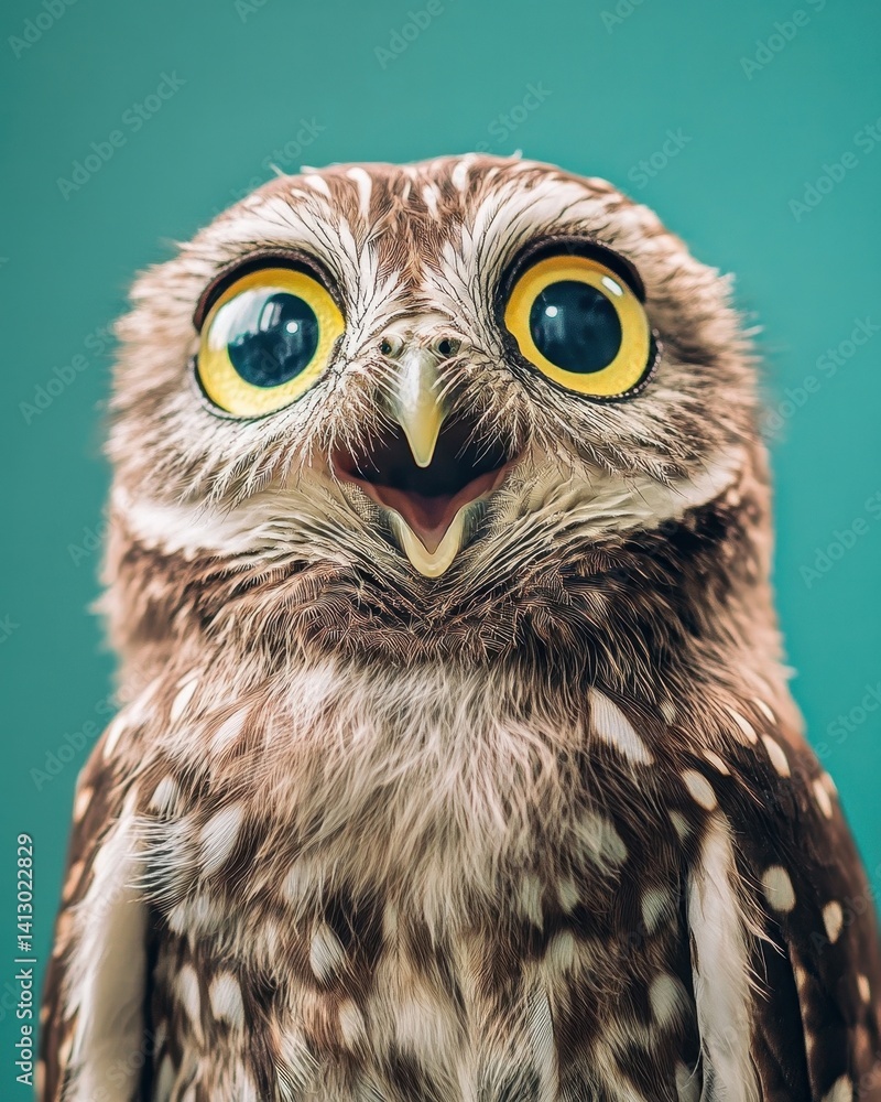 Wise Barn Owl Portrait with Astonished Expression Against Vibrant Turquoise Background Professional Wildlife Studio Photography