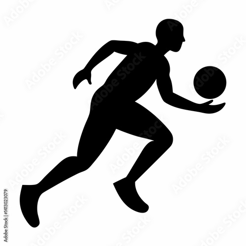 A black silhouette of a basketball player in motion dribbling the ball