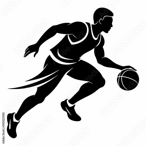 A black silhouette of a basketball player in motion dribbling the ball