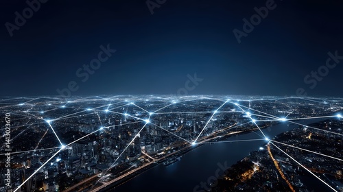 Abstract image of data stream flowing through digital city landscape, ideal for 5G, internet infrastructure, and future network communications, copyspace for text - landscape