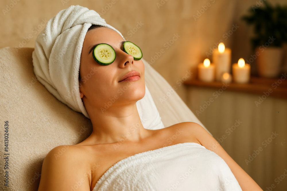 The image shows a person lying down with a white towel wrapped around their head and shoulders, cucumber slices on their eyes, and candles in the background creating a relaxing atmosphere
