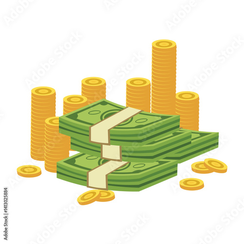 Money cash dollar stack, coin fall cartoon set. Gold coins heap, bank currency. Hundreds paper green dollars bundle bill.