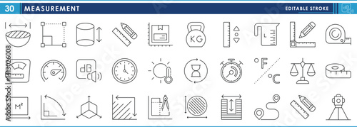 A set of line icons related to Measurement. Measurement of sound, length, weight, dimensions, temperature, and so on. Vector editable stroke.