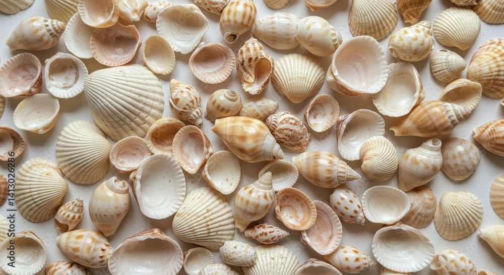 Seashell Pattern White Background - Seashells arranged in a visually appealing pattern on a white background. Symbolizing summer, beach, ocean, nature, and relaxation Seashell Pattern White Background - Seashells arranged in a visually appealing pattern on a white background. Symbolizing summer, beach, ocean, nature, and relaxation
