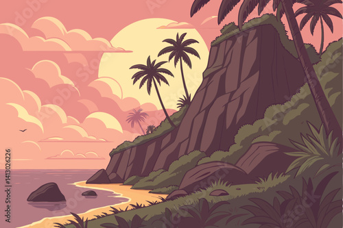 44 Tropical island sunset, towering cliff with palm trees, vibrant sky, pink and orange clouds, golden sun reflection on water, calm sea, rocky outcrops, lush vegetation, dramatic lighting, fantasy la