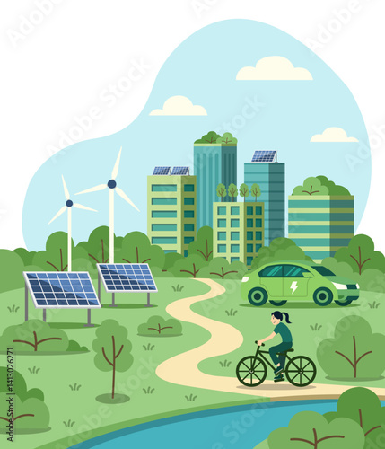 green sustainable city. urban forest, green building included architecture, green roof, solar cell, trees, windmill, biking, EV car,  river. flat illustration 