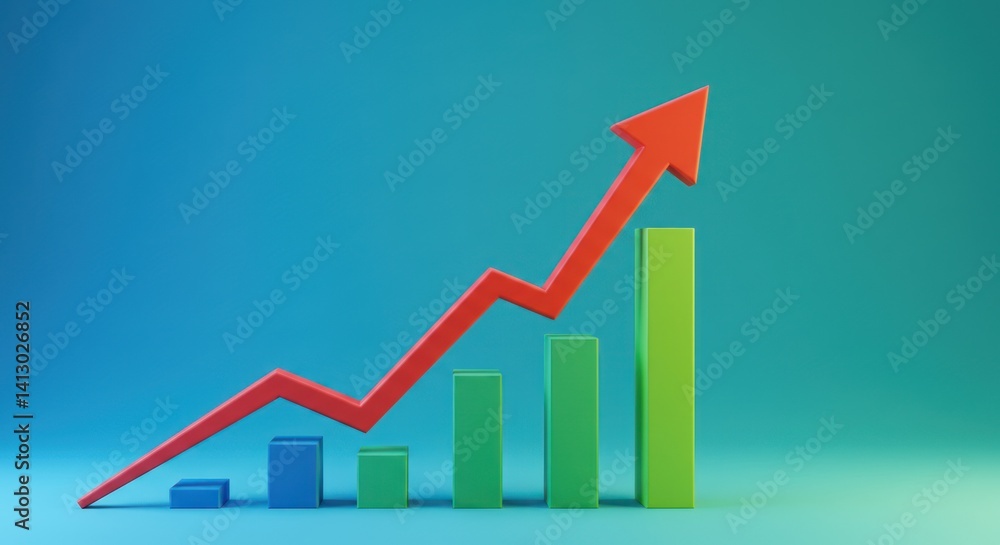 Bar graph with red arrow pointing upwards against a blue background. Bar graph with red arrow pointing upwards against a blue background.