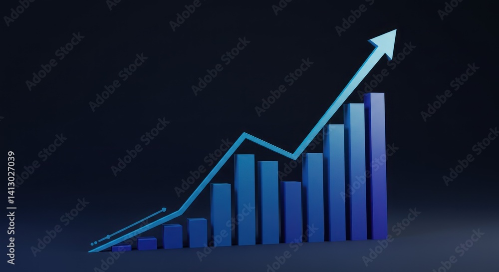 Blue bar graph with upward trending arrow against a dark background. Blue bar graph with upward trending arrow against a dark background.