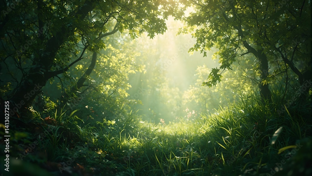 Fototapeta premium Tranquil forest scene with dappled sunlight creating a mesmerizing play of light and shadows on the ground