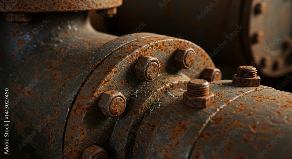 Close up of rusty industrial pipe flange with bolts and nuts detail Close up of rusty industrial pipe flange with bolts and nuts detail