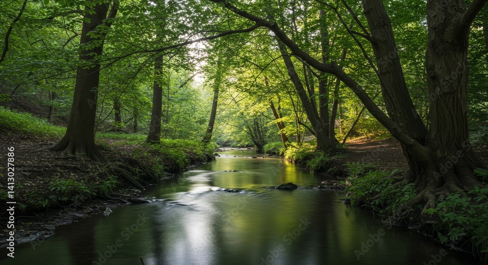Serene Stream Long Exposure Silk Effect - Tranquil forest stream, sunlit canopy, flowing water, lush greenery, peaceful nature. Symbolizing serenity, peace, nature's beauty, tranquility, and renewal Serene Stream Long Exposure Silk Effect - Tranquil forest stream, sunlit canopy, flowing water, lush greenery, peaceful nature. Symbolizing serenity, peace, nature's beauty, tranquility, and renewal