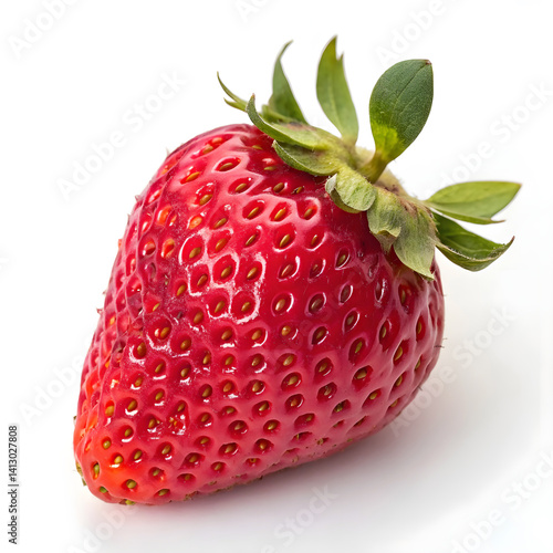 Fresh Red Strawberry with Green Leaves on White Background