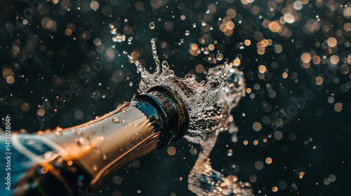 The uncorking of a champagne bottle results in a lively eruption of bubbly liquid.

