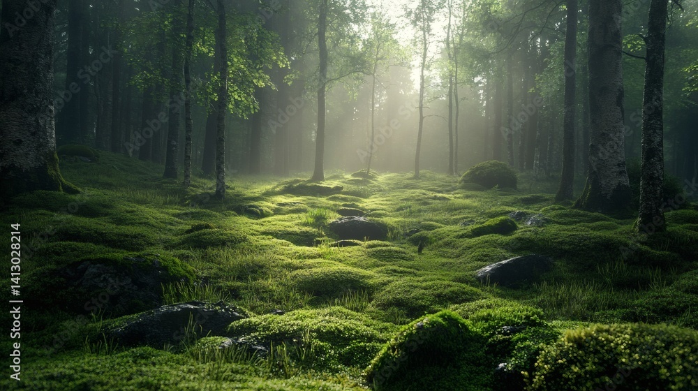 Fototapeta premium Sunbeams in misty forest, moss-covered ground. Nature background for peace, serenity
