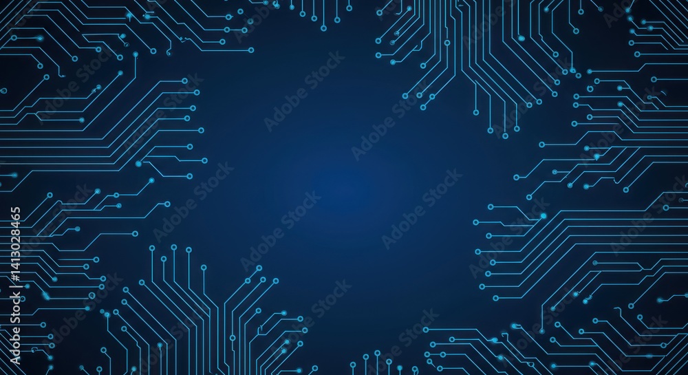 Abstract blue circuit board pattern with central copy space technology background. Abstract blue circuit board pattern with central copy space technology background.