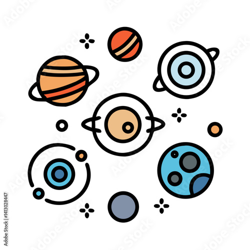 Planet Set Icon Representing Solar System Bodies