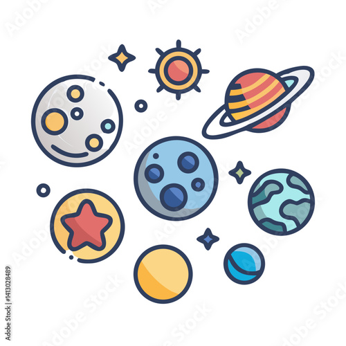 Planet Set Icon Representing Solar System Bodies