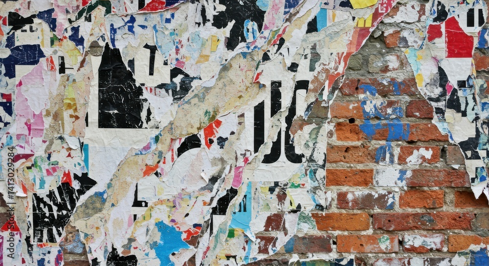 Naklejka premium Weathered Brick Wall Displaying Layers of Torn and Ripped Street Posters