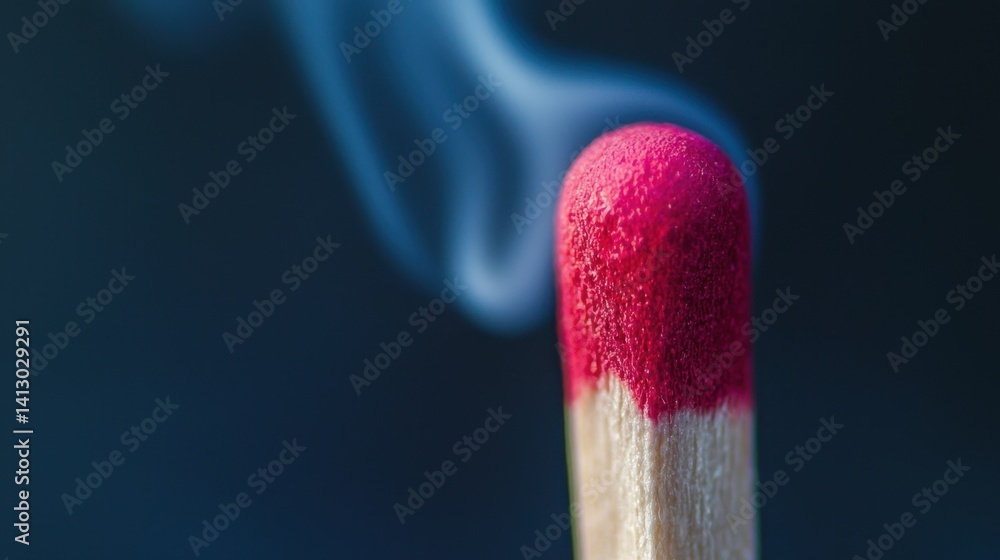 A matchstick is ignited, emitting smoke that swirls upward. The vivid red tip of the match contrasts with the light wood, creating a striking visual effect A matchstick is ignited, emitting smoke that swirls upward. The vivid red tip of the match contrasts with the light wood, creating a striking visual effect