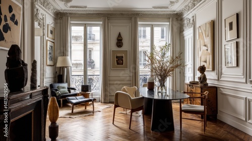 Chic Parisian apartment interior with classic moldings, elegant antiques, and a blend of modern art. 