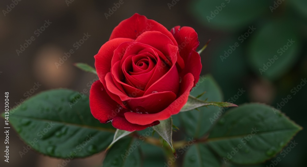 Single Red Rose Blossom - A close-up shot of a single, vibrant red rose with water droplets on its petals and leaves. The background is blurred, focusing attention on the rose Single Red Rose Blossom - A close-up shot of a single, vibrant red rose with water droplets on its petals and leaves. The background is blurred, focusing attention on the rose
