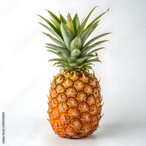 Whole Pineapple with Green Crown on White Background
