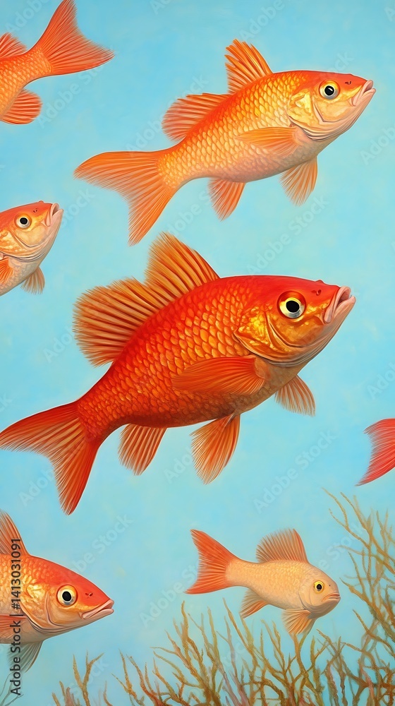 Fototapeta premium Graceful Goldfish Ballet A Marine Symphony of Aquatic Life in Bright Orange and Teal Undersea Realm