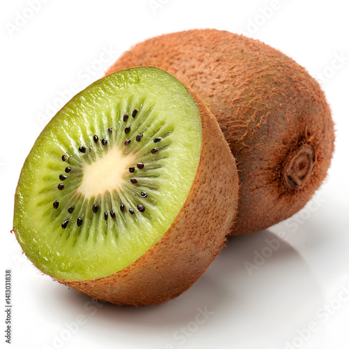 Kiwi Fruit Sliced in Half, Showing Green Flesh and Brown Skin on White Background