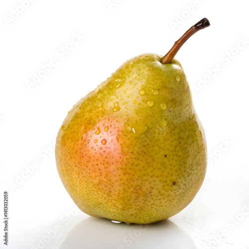 Ripe Pear with Water Droplets on White Background