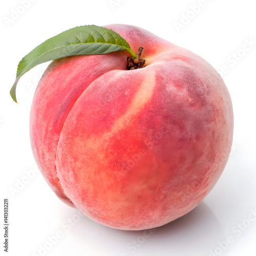 Ripe Peach with Green Leaf on White Background
