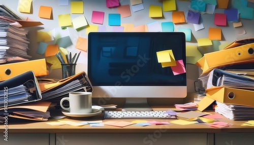 Wallpaper Mural Colorful Office Chaos: Desktop with Notes in a Vibrant Workspace Scene Torontodigital.ca