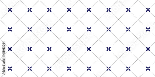Navy Four-Petal Motifs with Gray Diamond Outlines on White, Seamless Distressed Pattern
