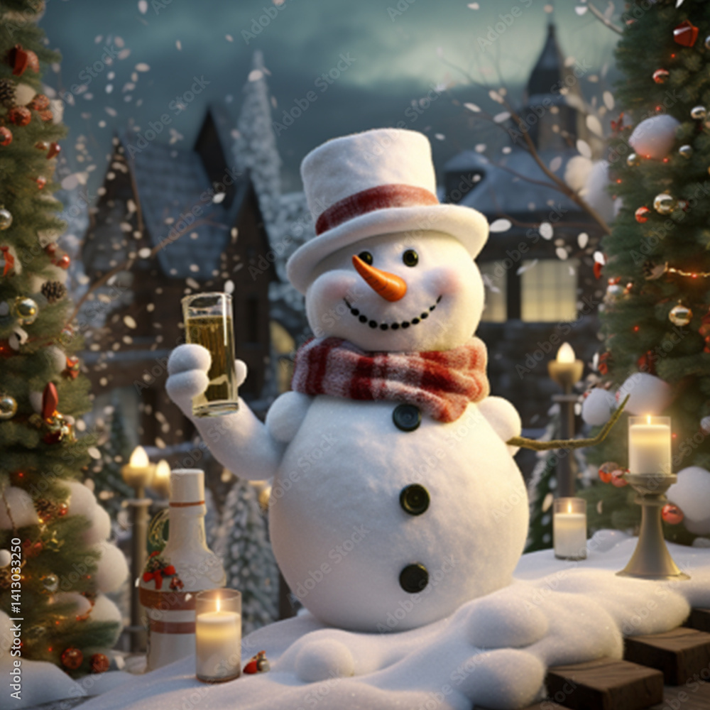 Cheerful Snowman Enjoying a Festive Drink in a Snowy Winter Village Cheerful Snowman Enjoying a Festive Drink in a Snowy Winter Village