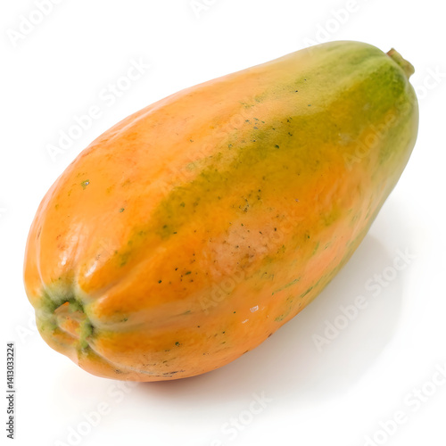 Whole Papaya with Green and Yellow Skin on White Background