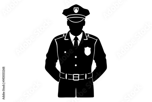 Policeman Illustration With Cap And Uniform In Silhouette Design For Security Or Law Enforcement Representation, policeman, officer, law enforcement, security, silhouette, uniform, hat, cap, shield