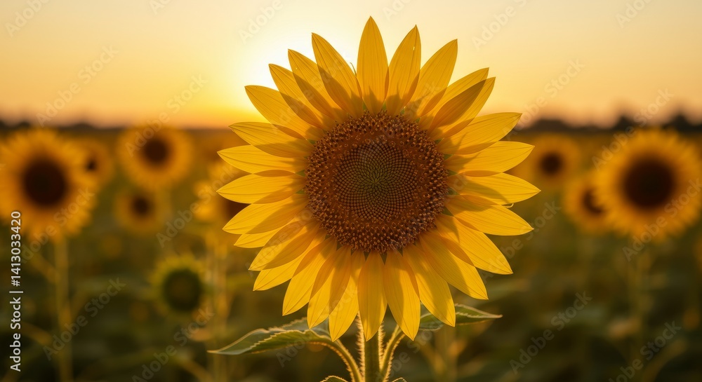 Fototapeta premium Sunflower Sunset Field - A single sunflower basks in the warm glow of a setting sun, symbolizing hope, growth, happiness, nature's beauty, and summer's warmth