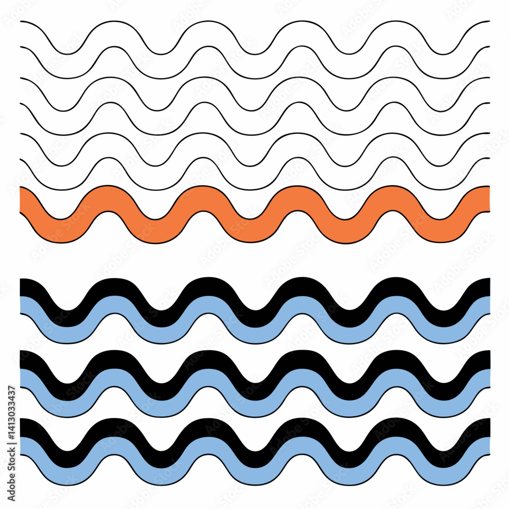 Playful ocean waves dance across a white canvas in a vibrant, rhythmic pattern with bold black, light blue, and coral accents. Playful ocean waves dance across a white canvas in a vibrant, rhythmic pattern with bold black, light blue, and coral accents.